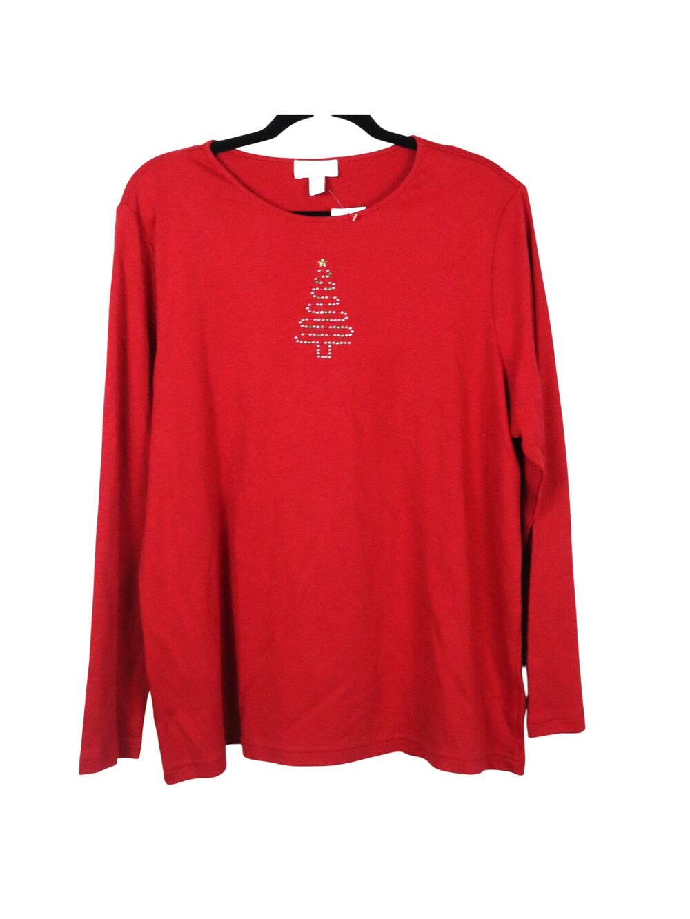 NWT Charter Club Red Long Sleeve Top Beaded Christmas Tree Pima Cotton Plus 1X